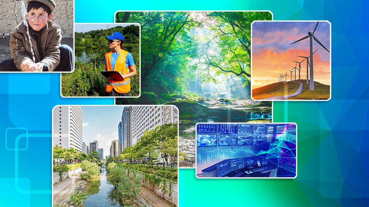 A blue-green background with wind turbines, two landscapes, digital data, a safety employee, and a child catching water